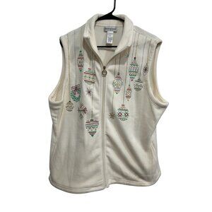 Drapers & Damons HolidayThemed Fleece Vest 1X Polyester Sleeveless Zip-Up White